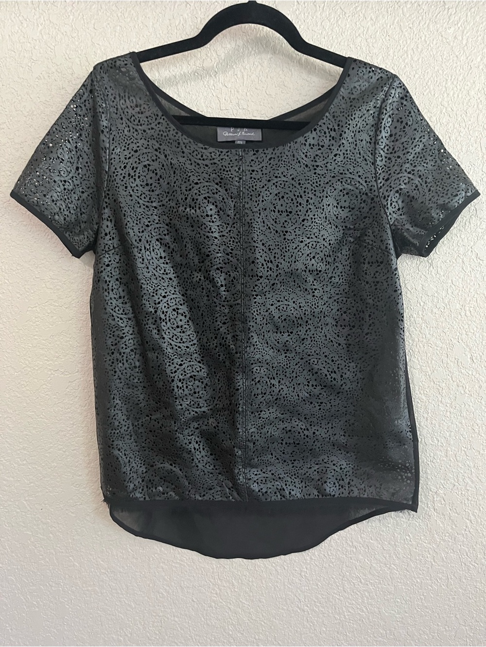 PJK Patterson J. Kincaid Black Laser Cut Leather Mixed Media Blouse Size Medium